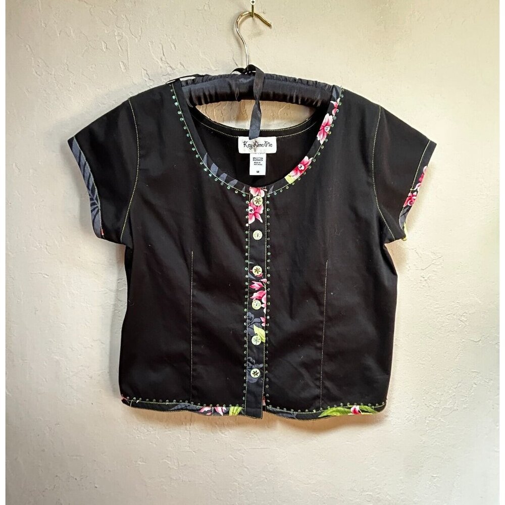 Key Lime Pie Women's Crop Top Short Sleeve Button Front Shirt Medium Black